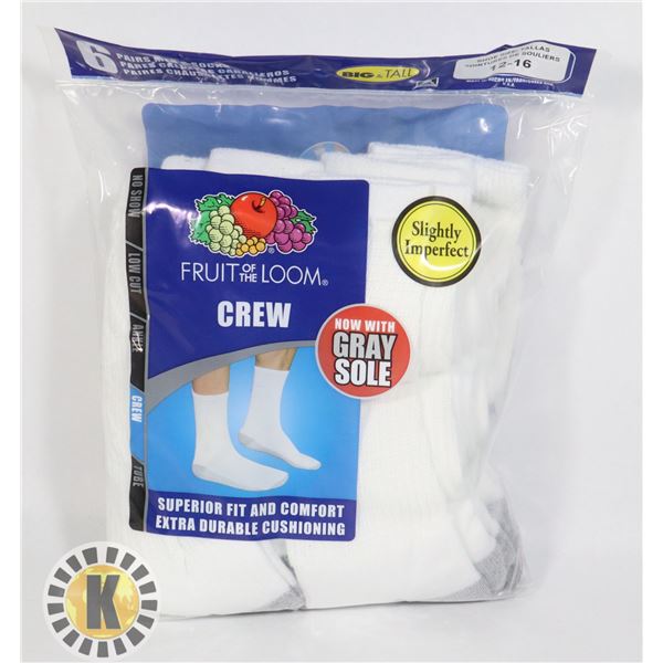 CREW WHITE SOCKS,12-16,PACK OF 6,FRUIT OF THE