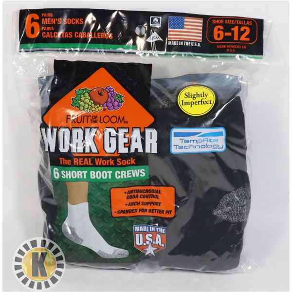 BLACK WORK BOOT SOCKS,6-12,PACK OF 6,FRUIT OF THE