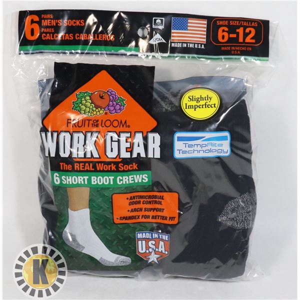 BLACK WORK BOOT SOCKS,6-12,PACK OF 6,FRUIT OF THE