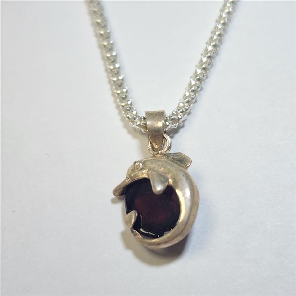 SILVER GARNET WITH DOLPHIN AROUND 18" NECKLACE