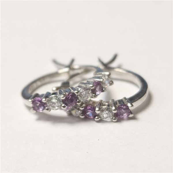 Silver Created Alexandrite Hoop Earrings (~Size )(Ring is resizable for $40) (~length inches), Sugge