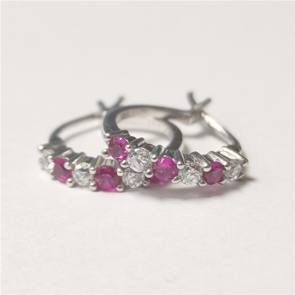 Silver Created Ruby Hoop Earrings (~Size )(Ring is resizable for $40) (~length inches), Suggested Re