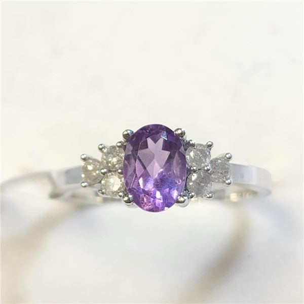 10K White Gold Amethyst(1ct) Diamond(0.2ct) Ring (~Size 7) (~weight 2.1g), Appraised Retail $1350