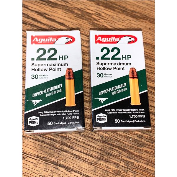 Aquila .22 LR supermaximum Hollow Point copper plated 30 gr - lot of 2 x 50
