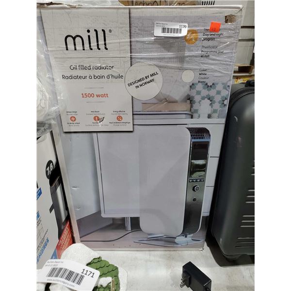 Mill Oil Filled Radiator 1500 watt Color White Thermostat Day & Night Program