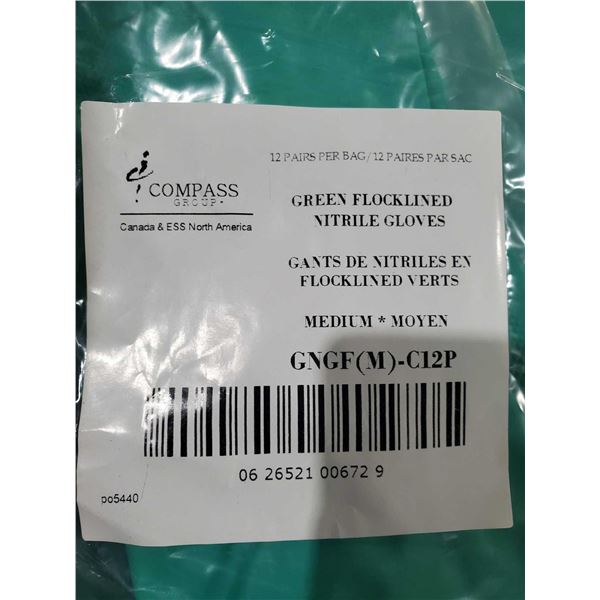 Green Flocked Nitrile Long Gloves - Medium - 12 Pair