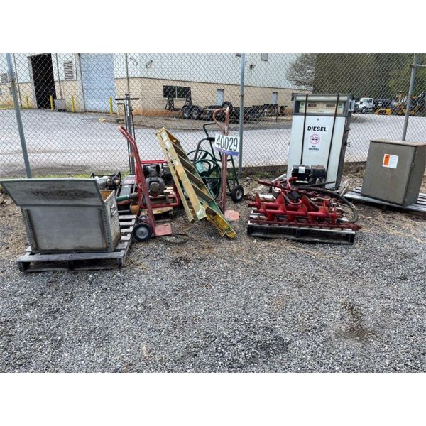 WATER PUMPS, HANDTRUCKS, LADDER, HOSE REEL, AUGER, FLOOR JACK, ROCK BREAKER