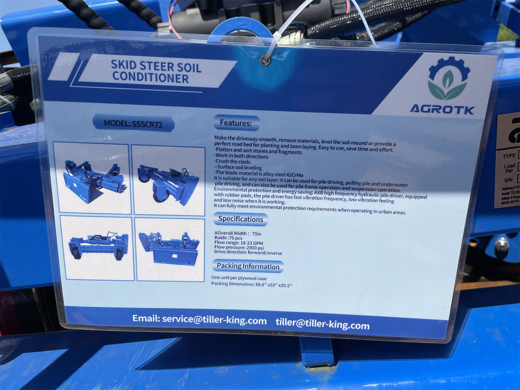 TOP CAT SOIL CONDITIONER, SSSCR7223030101B, 72"W, fits skid steer