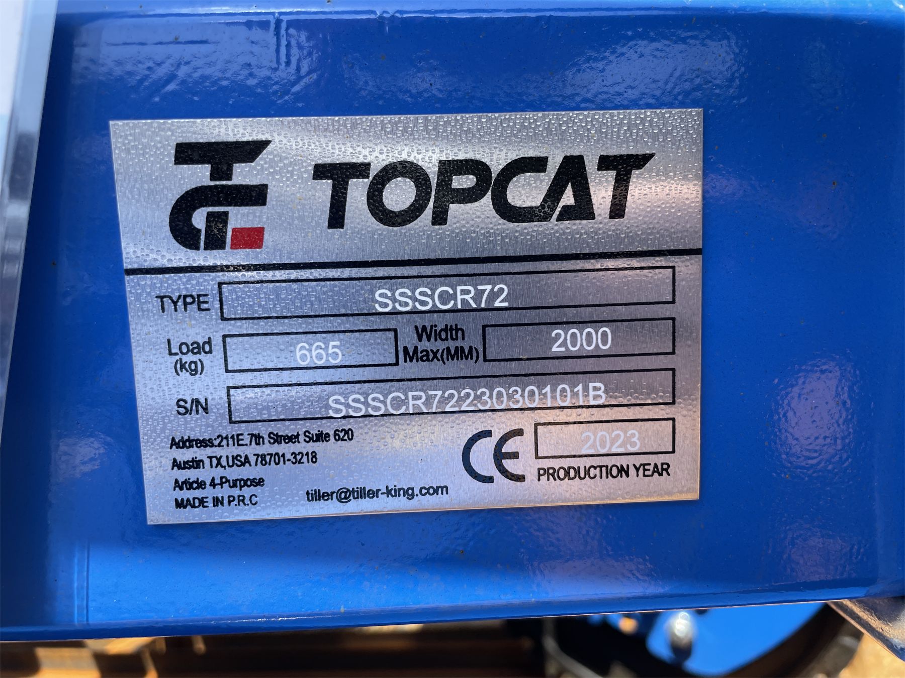 TOP CAT SOIL CONDITIONER, SSSCR7223030101B, 72"W, fits skid steer