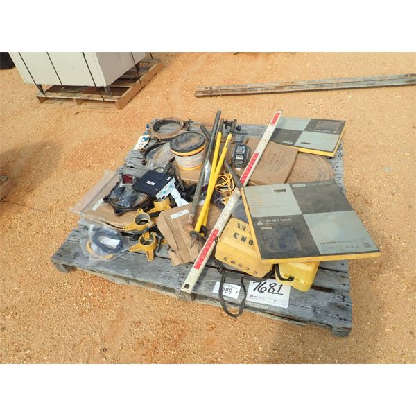 (1) PALLET MISC TRANSIT EQ & STAND, MAN HOLE COVERS, PINE CLAMPS, ELEVATION RULER, 40V LITHUM BATTER