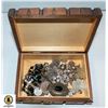 SMALL WOODEN BOX OF COSTUME JEWELRY AND COINS