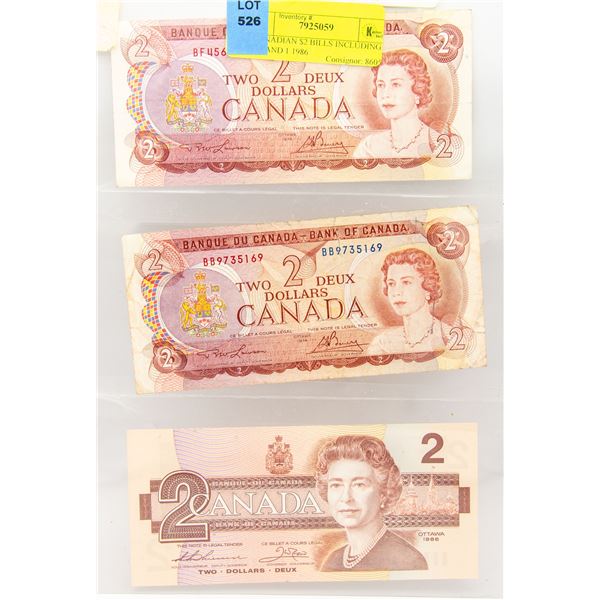 3 CANADIAN $2 BILLS INCLUDING 2 1974 AND 1 1986