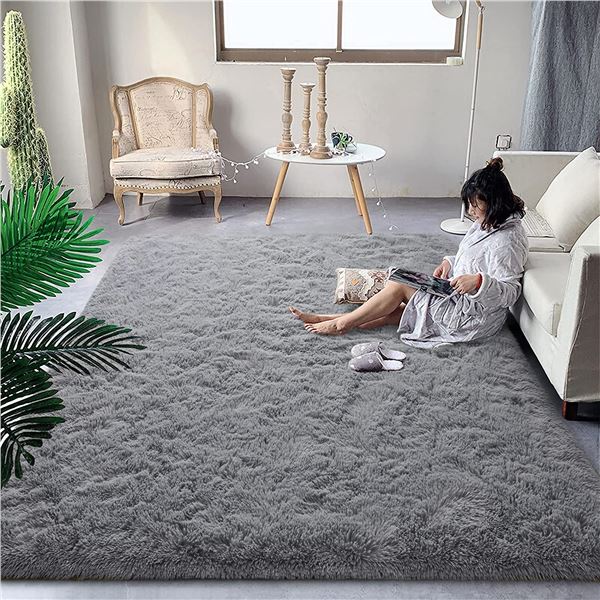 NEW GREY 5 X 8 FLUFFY NON SLIP AREA RUG