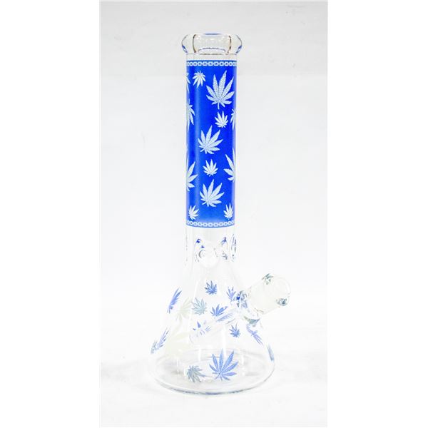 NEW BLUE ETCHED CANNABIS LEAF THEMED BEAKER BONG