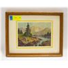 Image 1 : VINTAGE FRAMED MOUNTIAN RIVER SCENE 10" X 13"