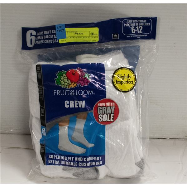 WHITE CREW SOCKS SIZE 6-12 PACK OF 6