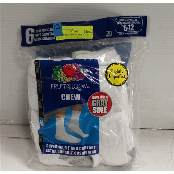 WHITE CREW SOCKS SIZE 6-12 PACK OF 6