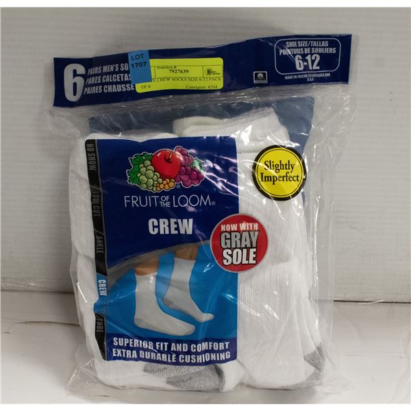 WHITE CREW SOCKS SIZE 6-12 PACK OF 6