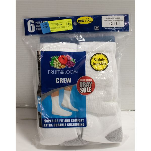 CREW SOCKS WHITE SIZE 12-16 PACK OF 6