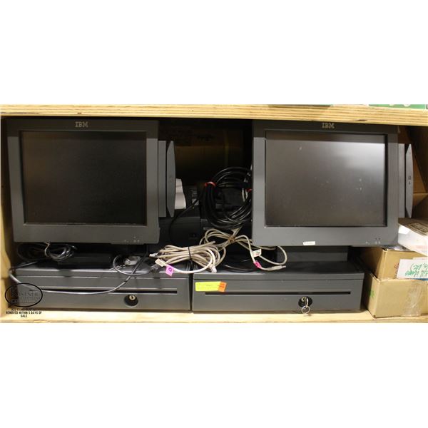 IBM POS SYSTEM W/ 2 SCREENS, 2CASH DRAWERS, SCALE,