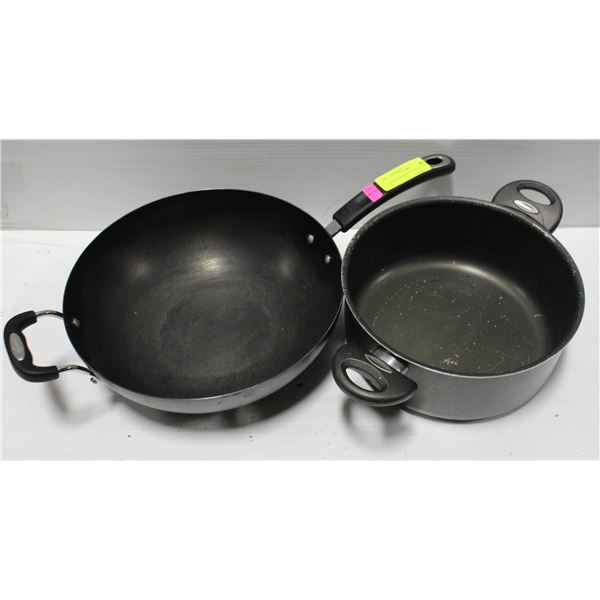 LOT OF ASSORTED FRYING PANS: WOK & POT