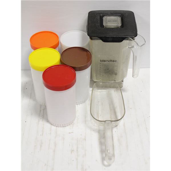 FLAT W/ USED BLENDTEC JAR W/ LID, FOUR 1QT STORAGE