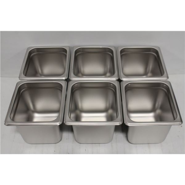 6 NEW 1/6 SIZE 6" DEEP STAINLESS STEEL INSERTS
