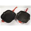 Image 1 : TWO RED ENAMELED CAST IRON PANS W/ HANDLES - 10" & 11"