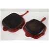 Image 2 : TWO RED ENAMELED CAST IRON PANS W/ HANDLES - 10" & 11"
