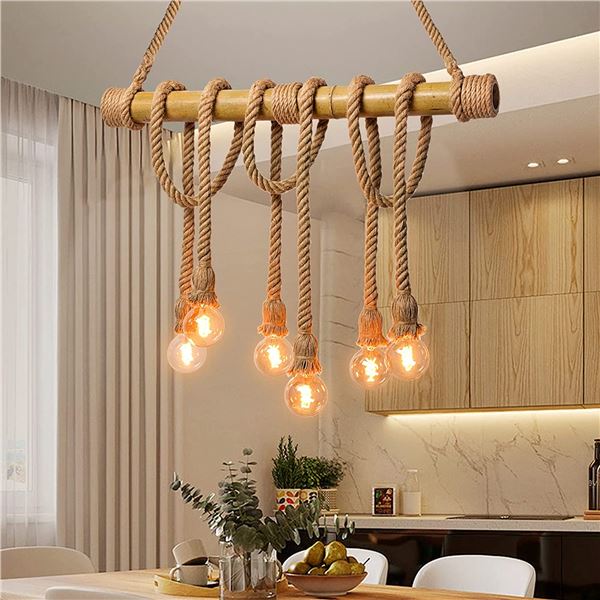 BAMBOO AND ROPE HANGING LIGHT FIXTURE