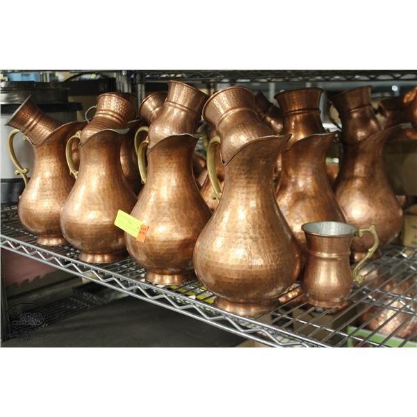 LOT OF 14 COPPER PITCHERS W/ 11 COPPER CUPS & 2