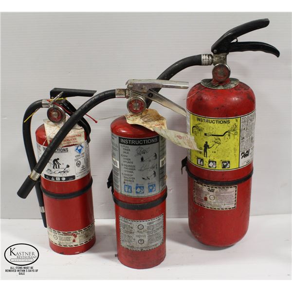 LOT OF 3 ASSORTED ABC FIRE EXTINGUISHERS.