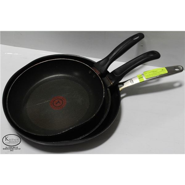 LOT OF 2 DAMAGED FRYING PANS SOLD W/ 10" CREPE PAN