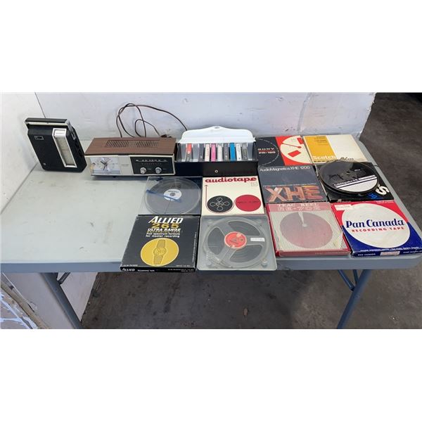 2 VINTAGE CLOCK RADIOS, CASSETTE BOX AND REELTO REEL TAPES