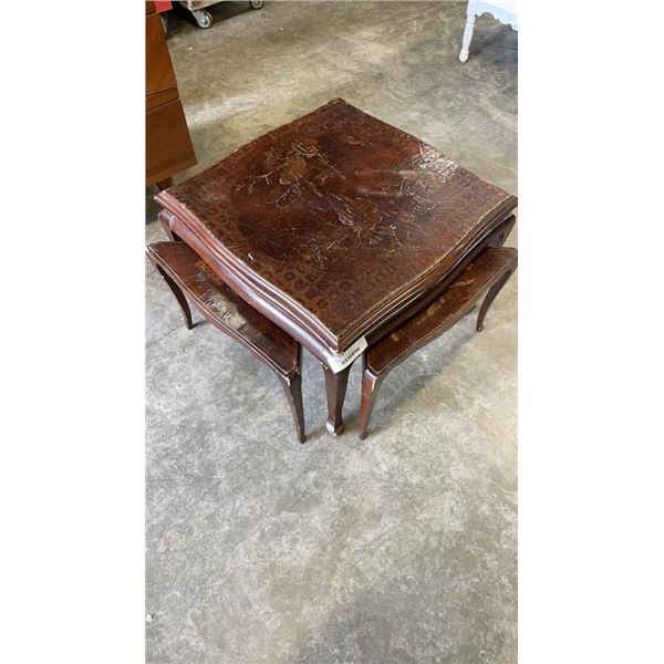 VINTAGE EASTERN TABLE WITH 4 NESTING STOOLS - 2 FOOT X 2 FOOT X 17 INCHES TALL