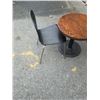 Image 2 : METAL BASE PEDESTAL TABLE AND 2 BLACK BENTWOOD CHAIRS