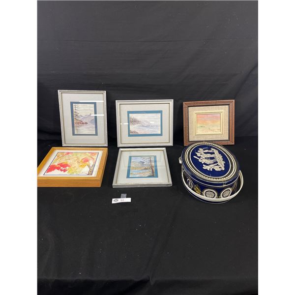 Lot of 6 small Framed Prints and Old Biscuit Tin