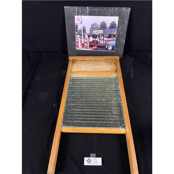 Vintage Washboard and Photo of Texaco Gas Station