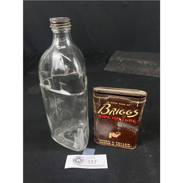 Vintage Briggs Piped Tobacco Tin and Old Antifreeze Glass Bottle