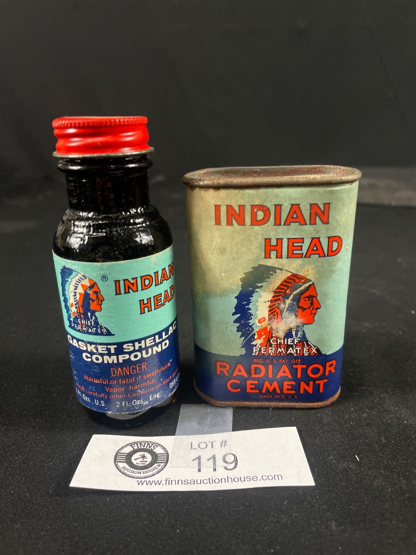 2 Vintage Indian Head Pieces - Radiator Cement and Gasket Shellac