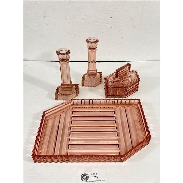 Vintage Pink Glass Vanity Set - Repair to one Candle Holder