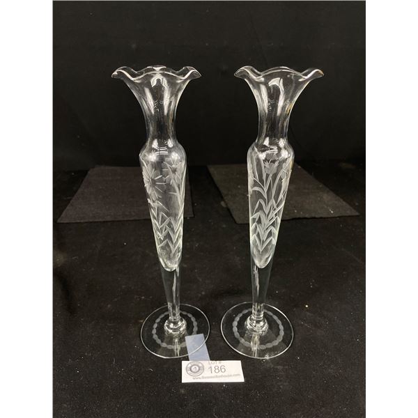 Fabulous 1940's Pair of Etched Glass Bud Vases - 10" Tall, Numbered & Vancouver Stamp