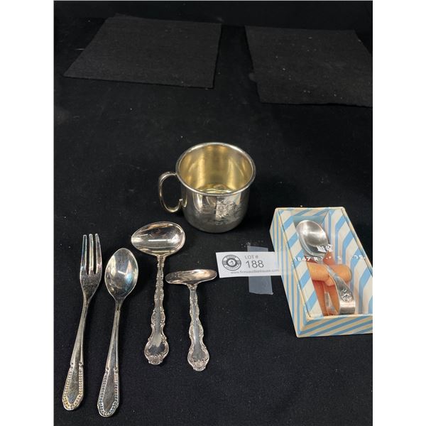 Vintage Silverplate Baby Cup & Feeding Spoons, Pusher