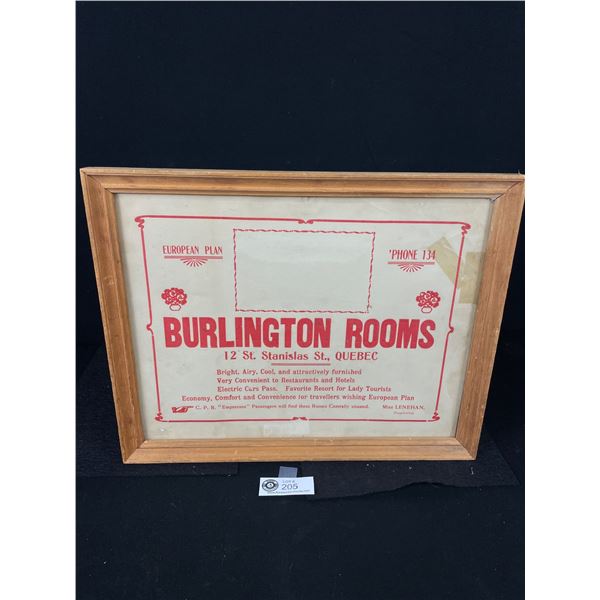 Vintage Burlington Rooms, Hotel Paper Sign, Framed