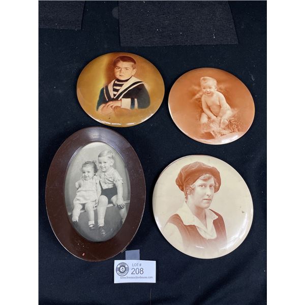 Collection of 3 Vintage Celluloid Round Pictures and Small Oval Frame Children Picture