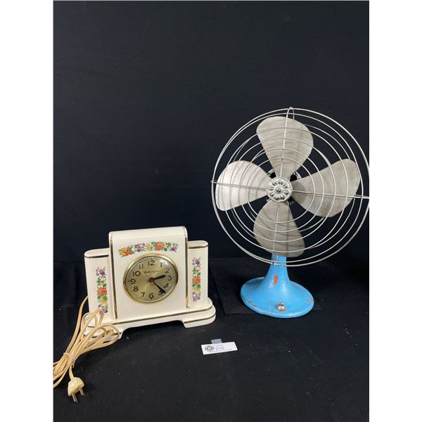 Vintage Metal Children's Toy Fan and 1950's Mastercrafters Porcelain Mantle Electric Clock