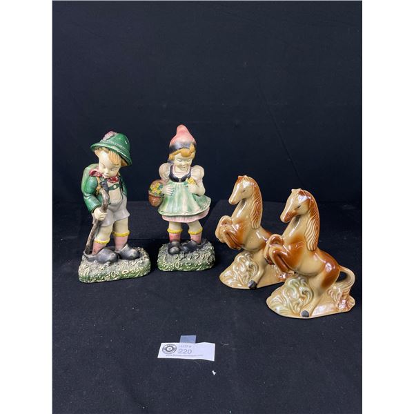 Pair of 1950's Swiss Boy & Girl Figurines and Pair of Ceramic/Porcelain Horses, dated 1958