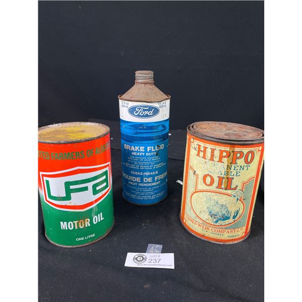 Full Ford Brake Fluid Tin, and Hippo Oil Can, Both Full