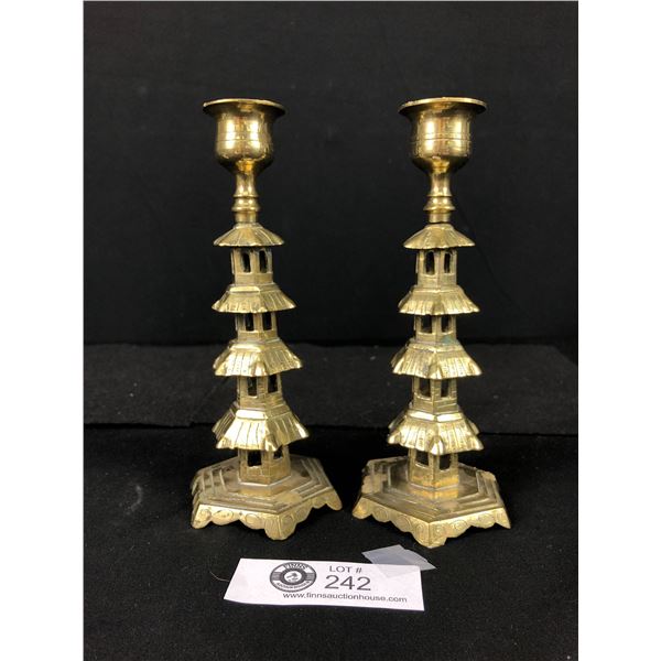 Pair of Vintage Heavy Brass Pagoda Style Candle Holders