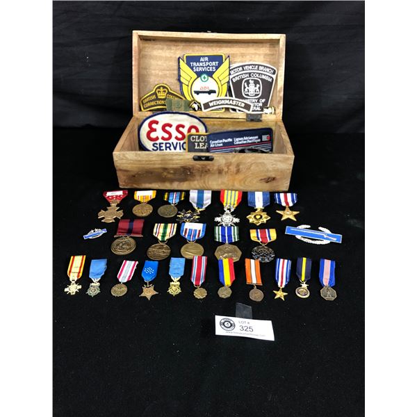 Wooden Box Full of Military Medals and Patches, Mostly American, some Canadian